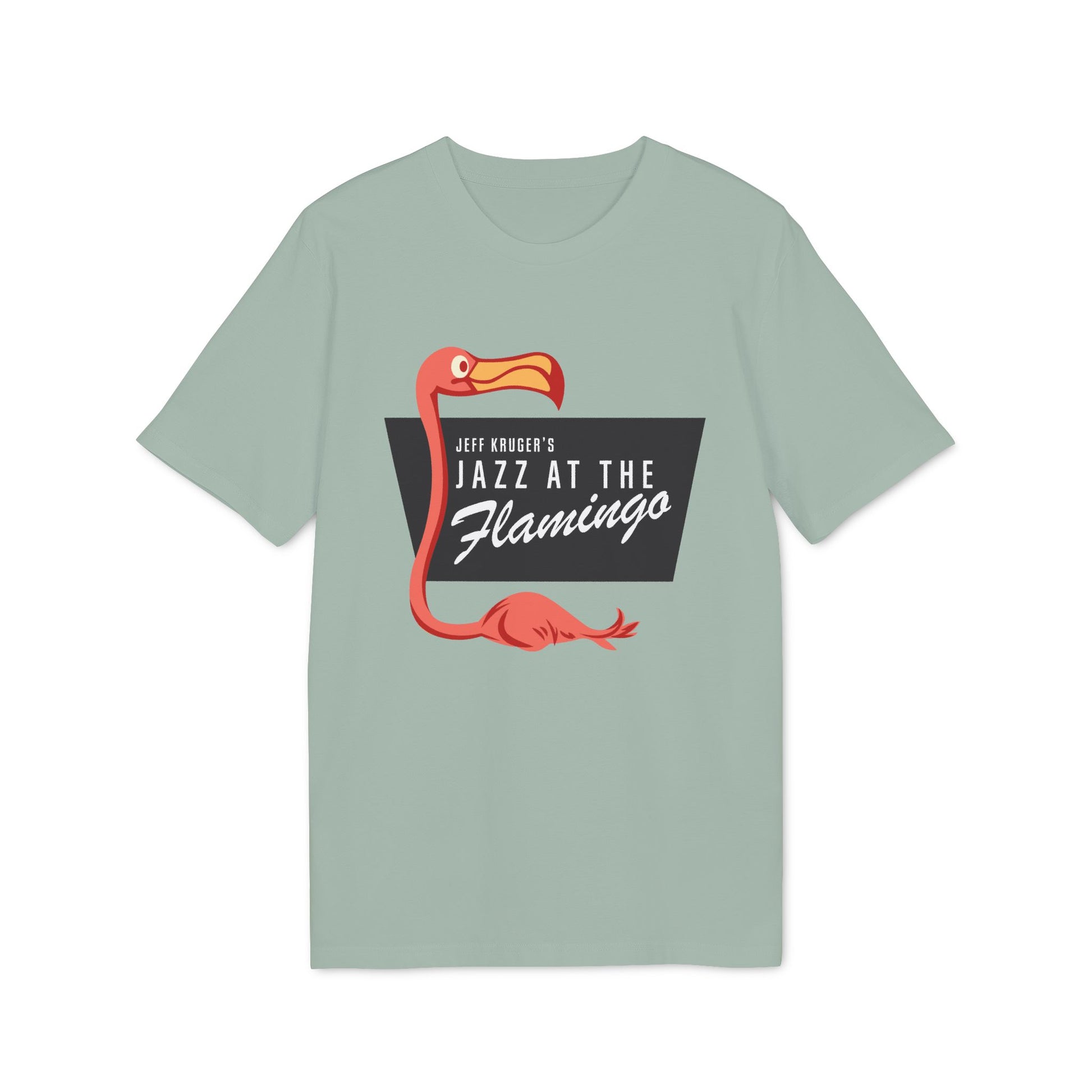 Light blue t-shirt with a graphic of a flamingo and text reading "Jeff Kruger's Jazz at the Flamingo."