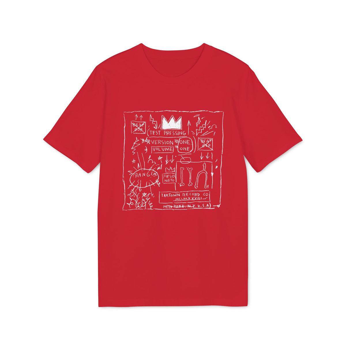 Red t-shirt with white Basquiat-inspired drawing including crown, text, and figures.