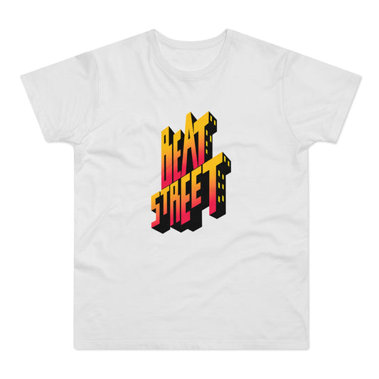 White t-shirt with 3D "BEAT STREET" text logo with gradient and city building elements.