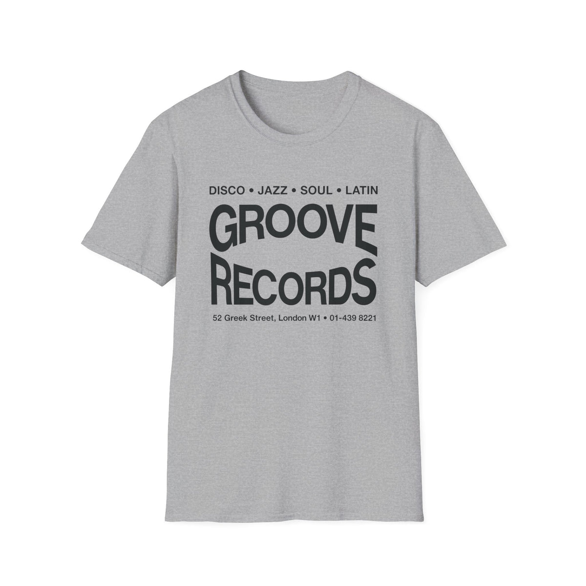 Grey t-shirt with black text reading "Groove Records" and "Disco, Jazz, Soul, Latin".