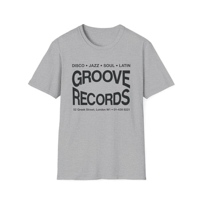Grey t-shirt with black text reading "Groove Records" and "Disco, Jazz, Soul, Latin".