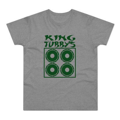 Grey t-shirt with green "King Tubby's" text and speaker graphic.