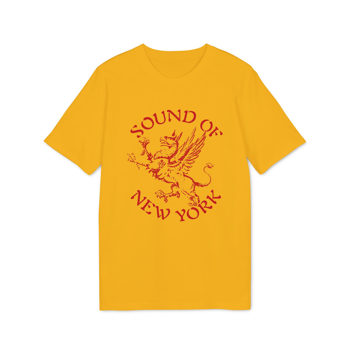 Yellow t-shirt with red text "SOUND OF NEW YORK" and a mythical creature.