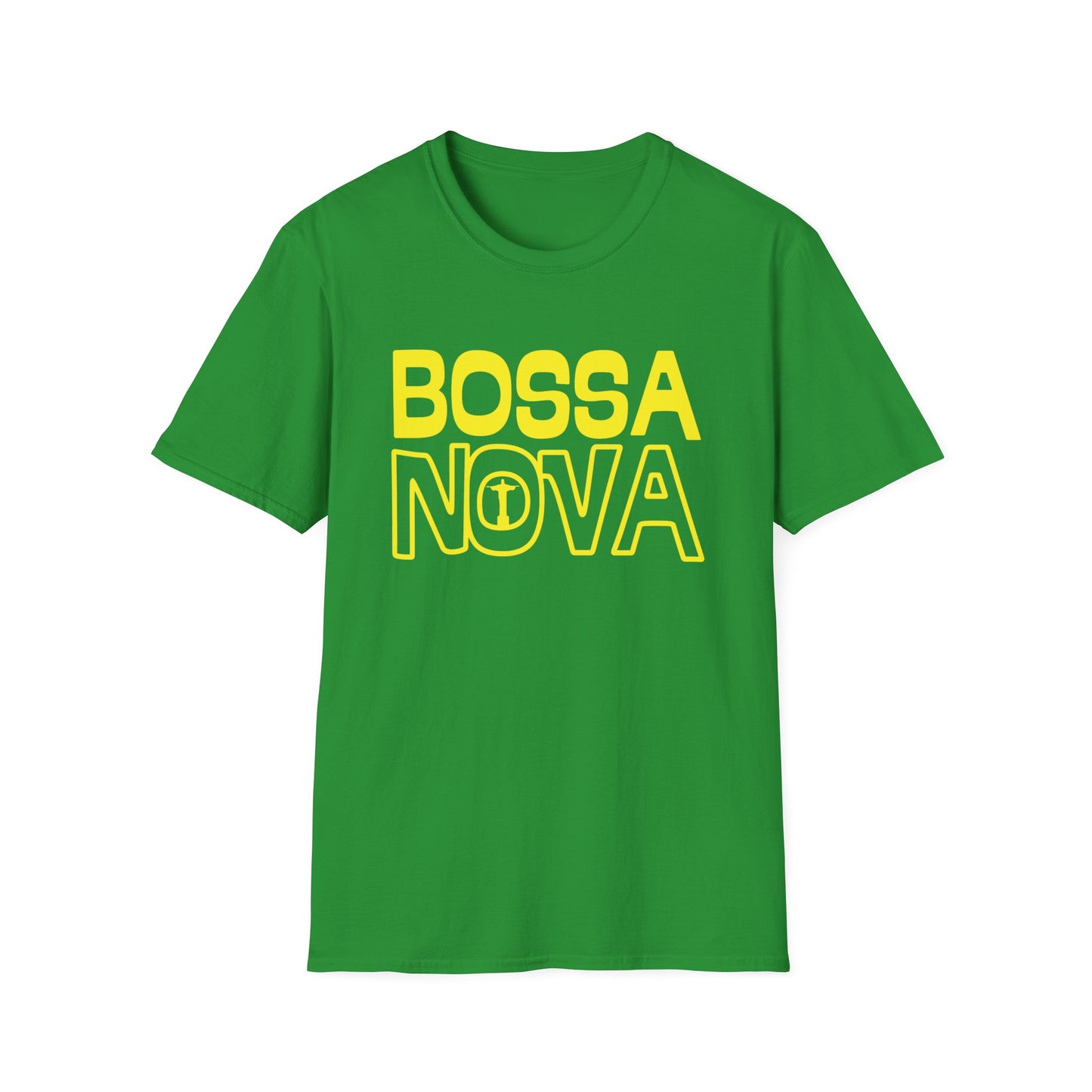 Green t-shirt with yellow "BOSSA NOVA" text and Cristo Redentor icon.