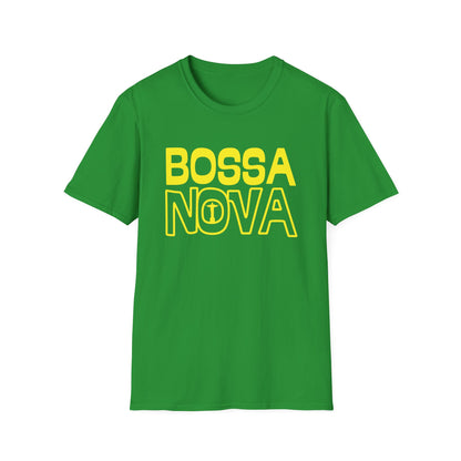 Green t-shirt with yellow "BOSSA NOVA" text and Cristo Redentor icon.