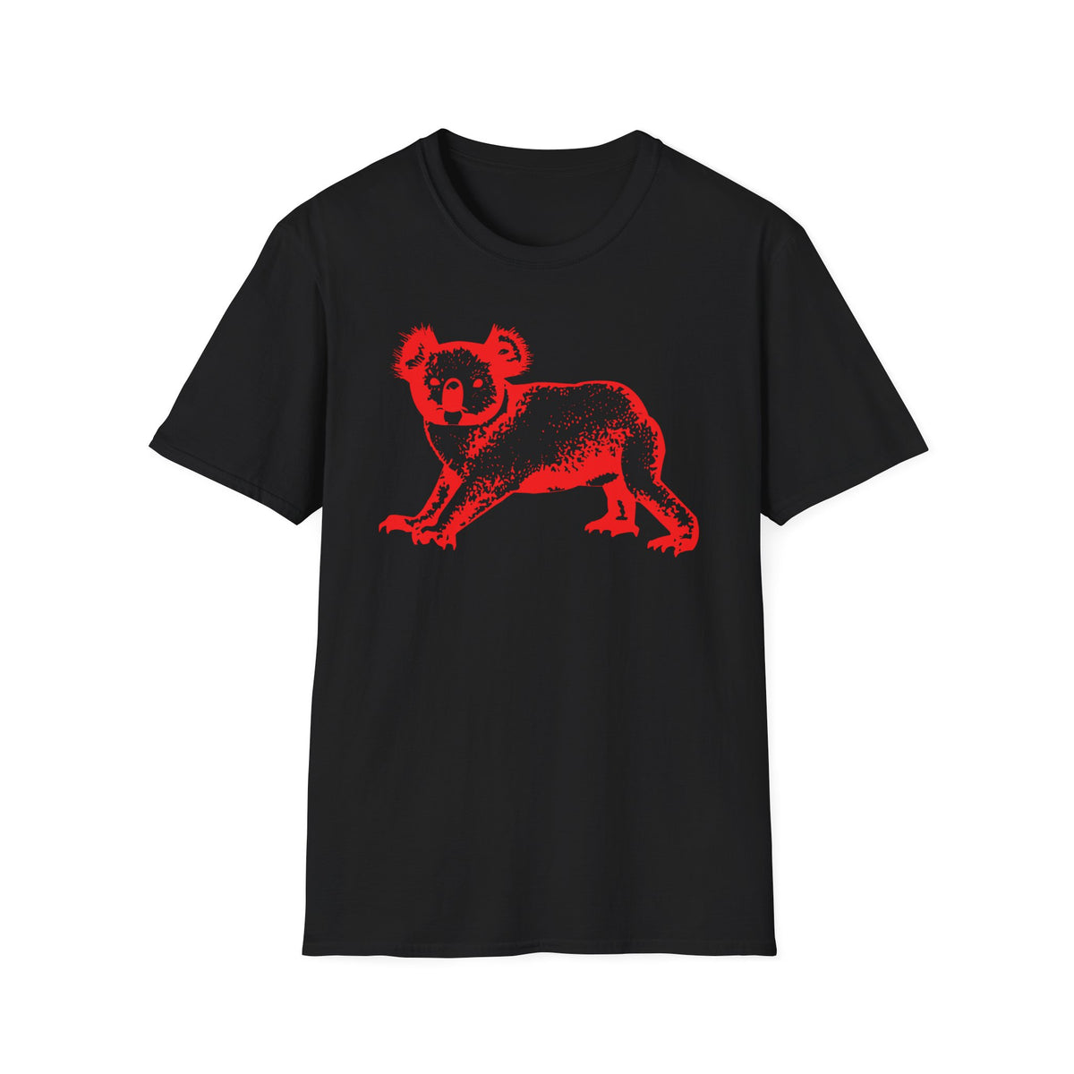 Black t-shirt with a distressed red koala graphic.