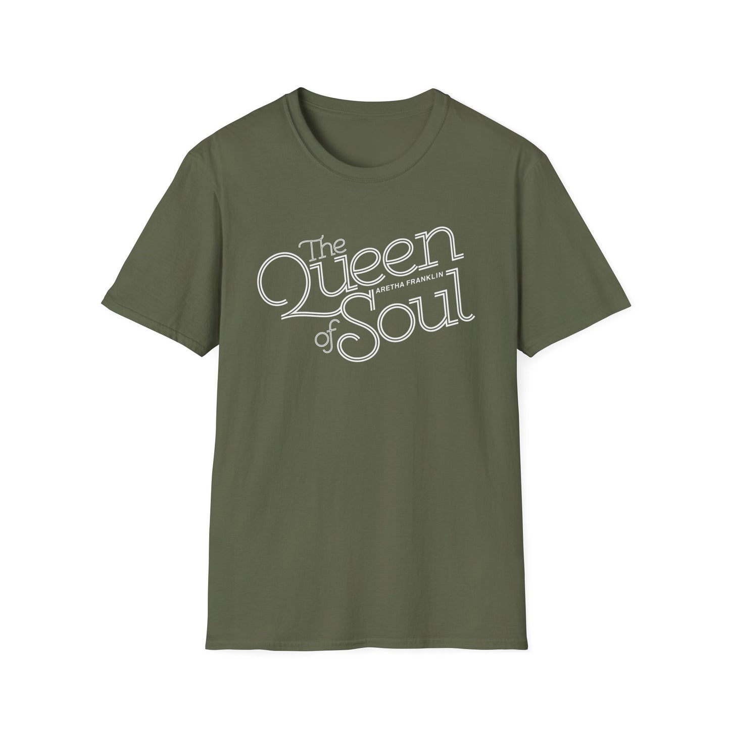 Olive green t-shirt featuring "The Queen of Soul" text with "Aretha Franklin" below.