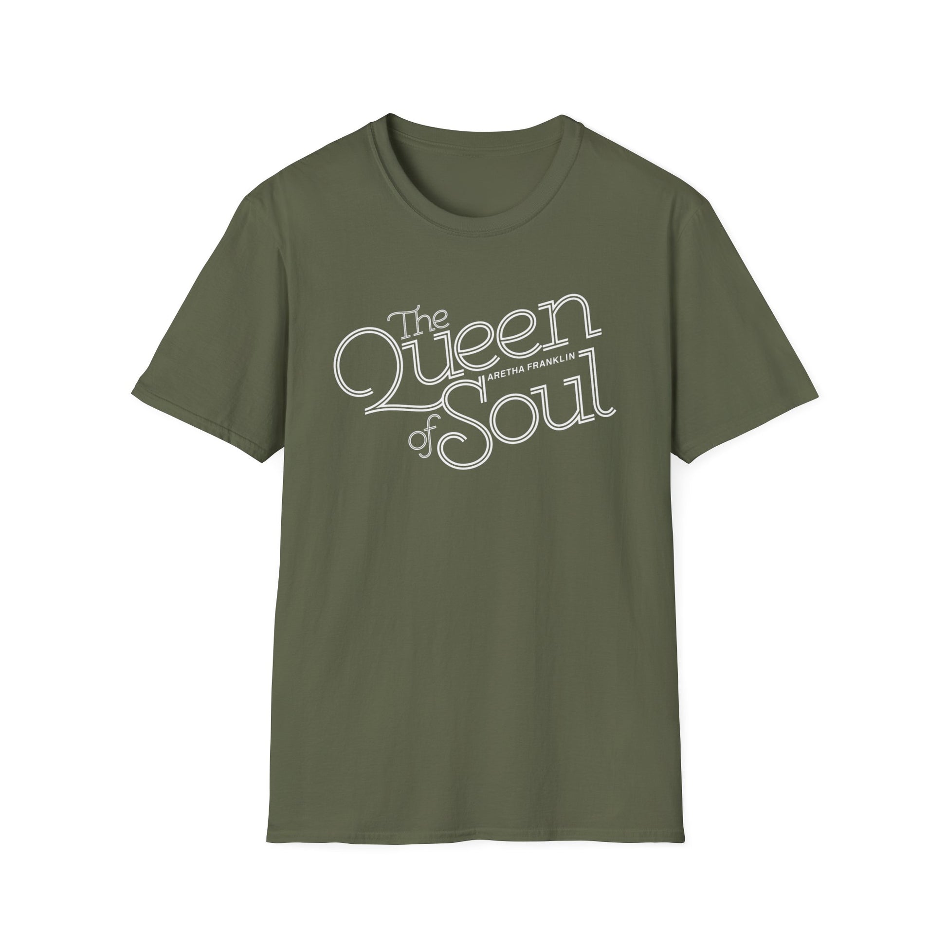 Olive green t-shirt featuring "The Queen of Soul" text with "Aretha Franklin" below.