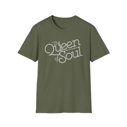 Olive green t-shirt featuring "The Queen of Soul" text with "Aretha Franklin" below.