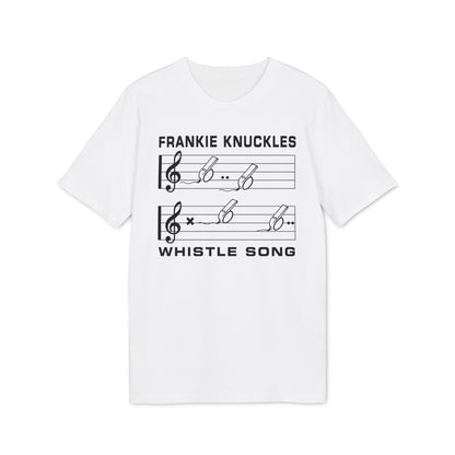 White t-shirt with "FRANKIE KNUCKLES WHISTLE SONG" and musical notes.