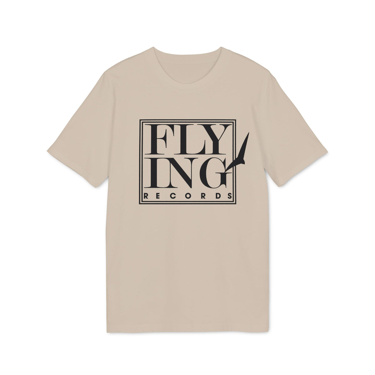 Beige t-shirt with black "FLYING RECORDS" text and bird graphic.