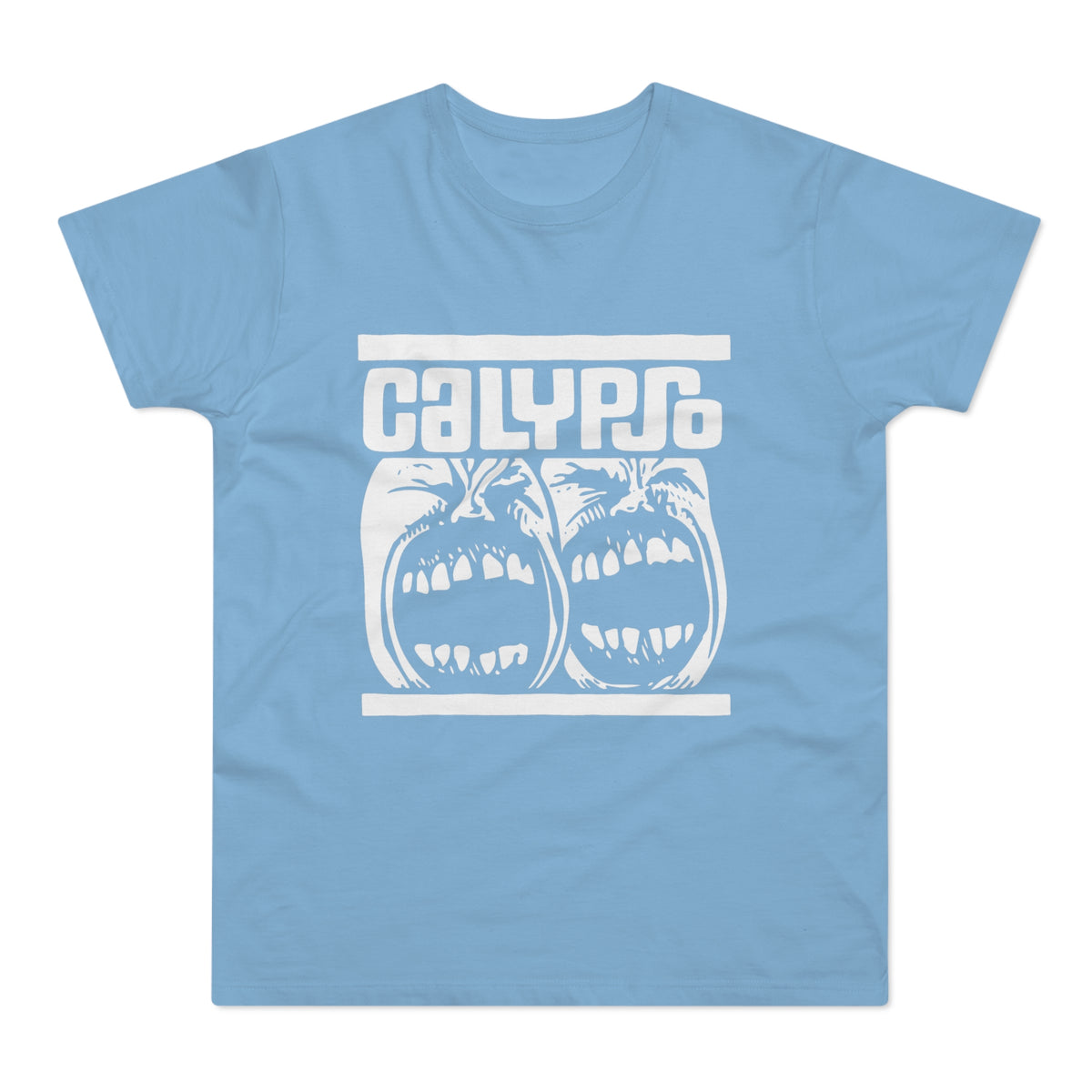 Light blue t-shirt with white graphic of two screaming faces and the word CALYPSO.