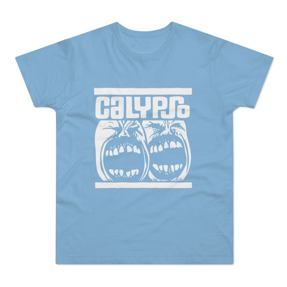 Light blue t-shirt with white graphic of two screaming faces and the word CALYPSO.