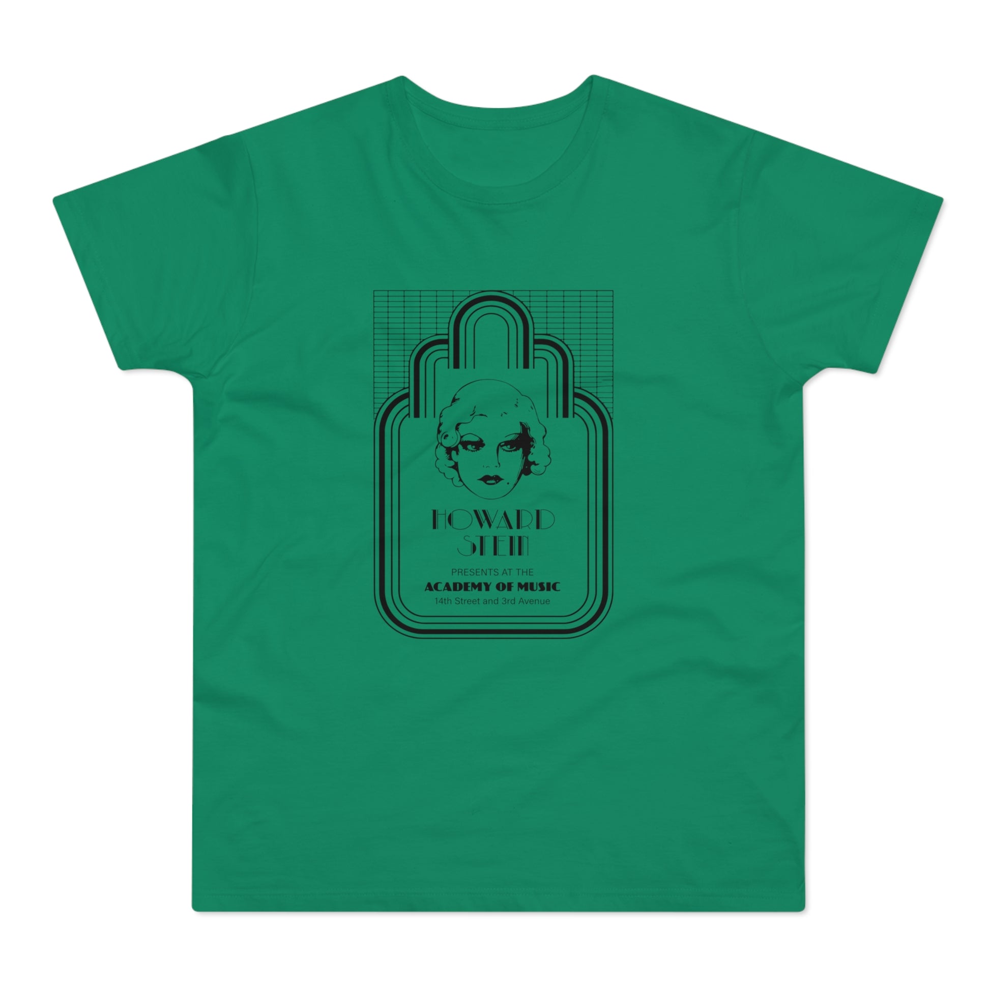 Green t-shirt with a black graphic featuring a stylized portrait and text about Howard Stein.