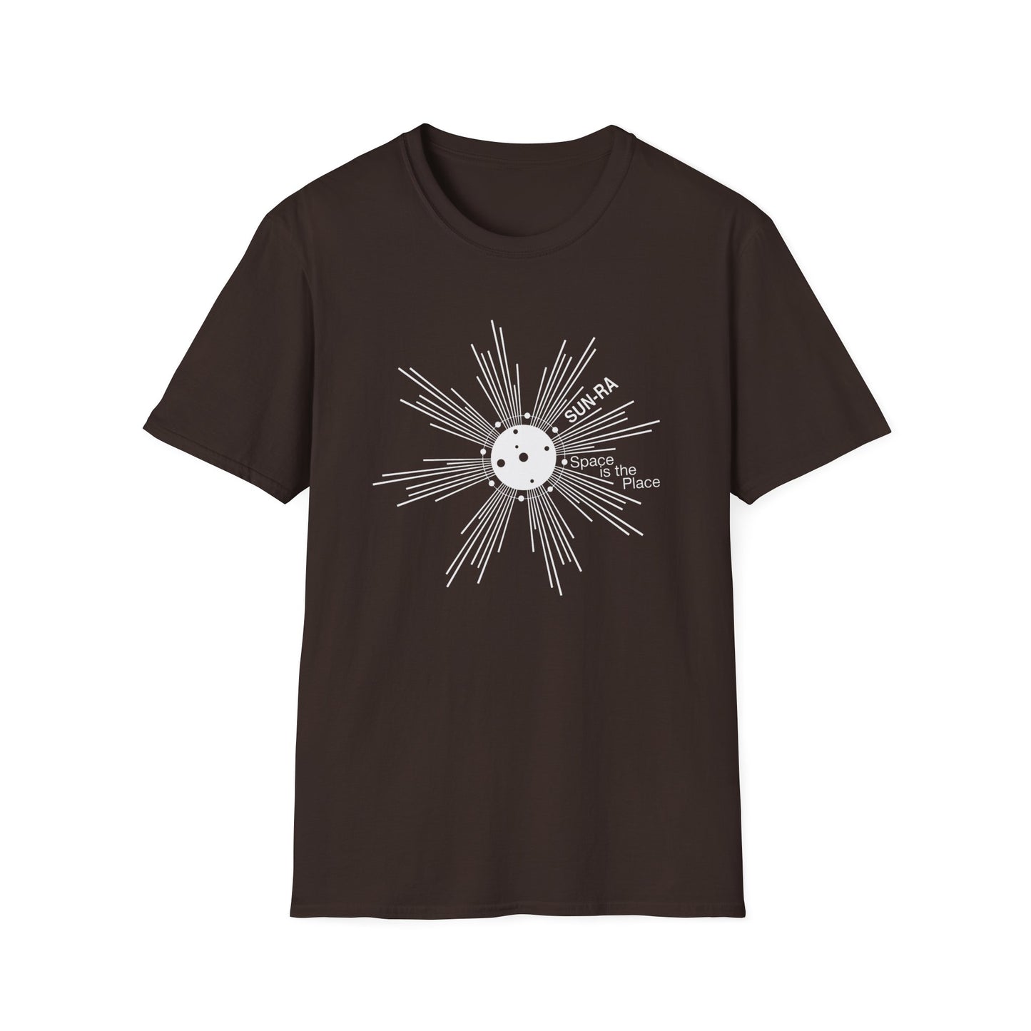 Brown t-shirt with white Sun-Ra graphic and text "Space is the Place".