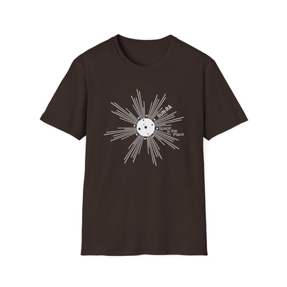 Brown t-shirt with white Sun-Ra graphic and text "Space is the Place".