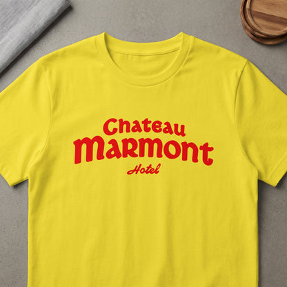 Yellow t-shirt with red "Chateau Marmont Hotel" text.