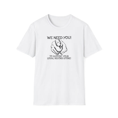 White t-shirt with "We Need You!" and pointing finger graphic.