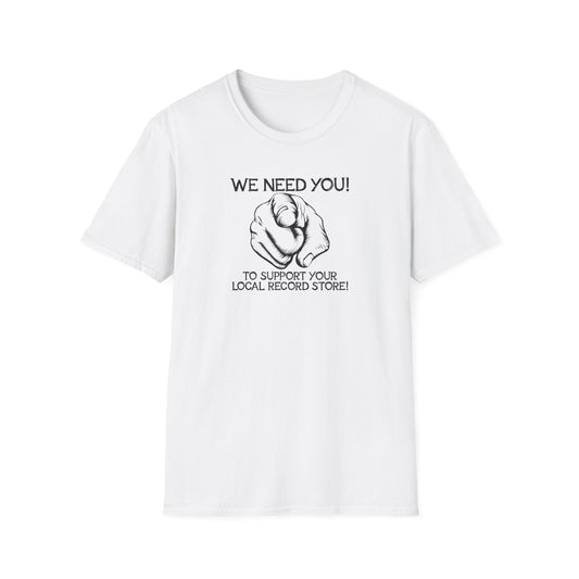 White t-shirt with "We Need You!" and pointing finger graphic.
