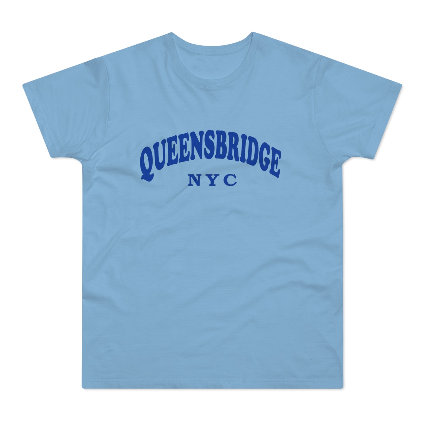 Light blue t-shirt with blue "QUEENSBRIDGE NYC" text.