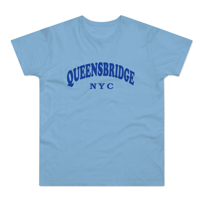 Light blue t-shirt with blue "QUEENSBRIDGE NYC" text.