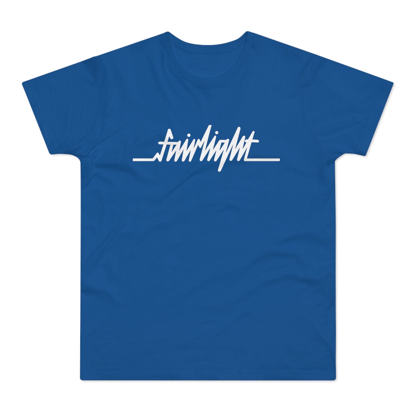 Blue t-shirt with white "fairlight" text and a horizontal line design.