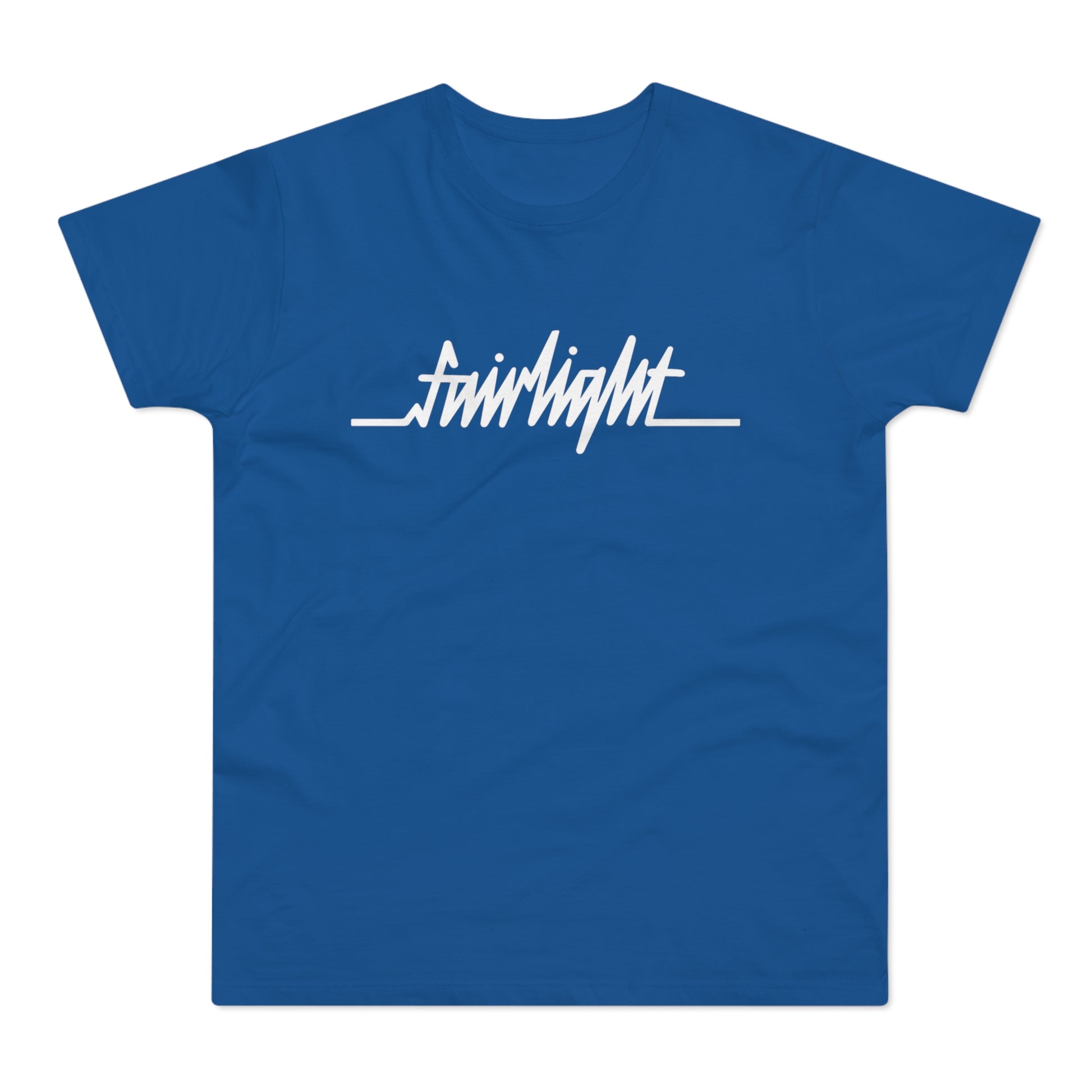 Blue t-shirt with white "fairlight" text and a horizontal line design.