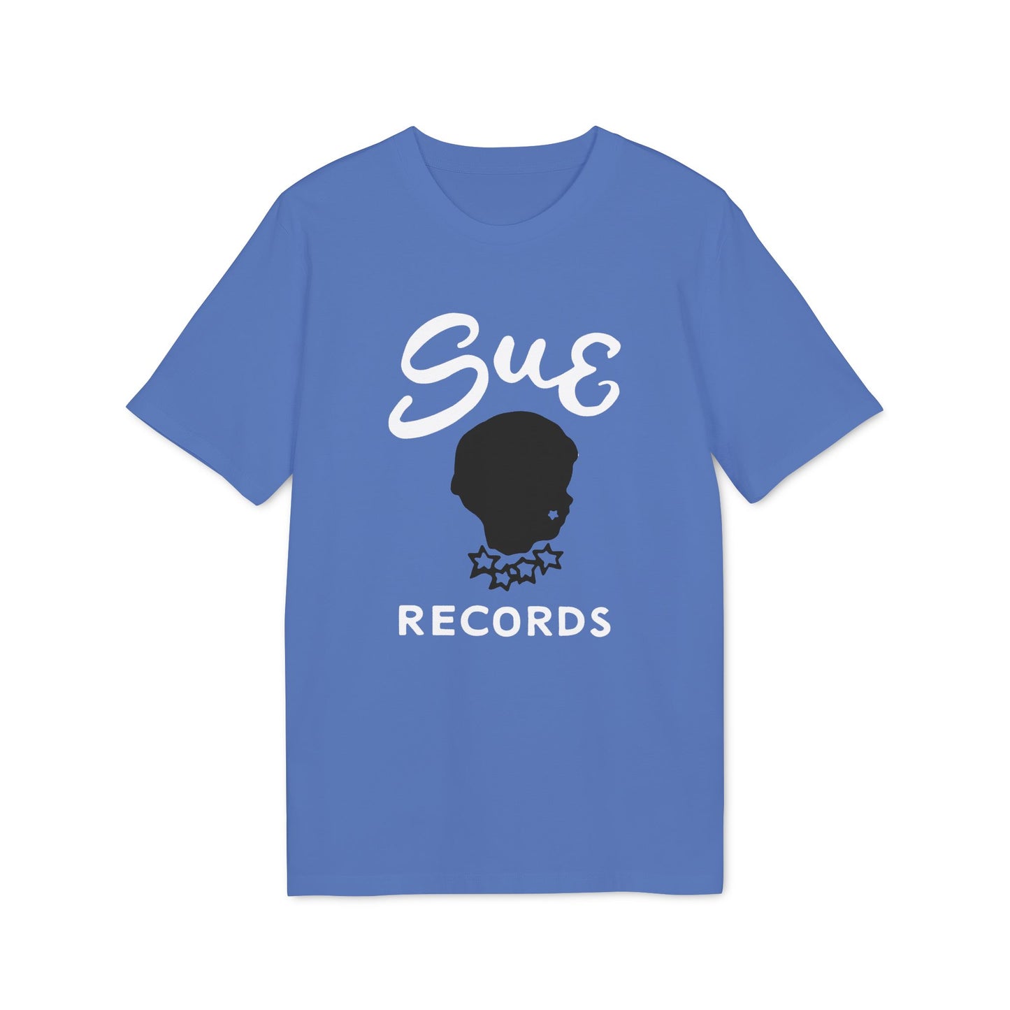 Blue t-shirt with white "Sue Records" text and black silhouette.