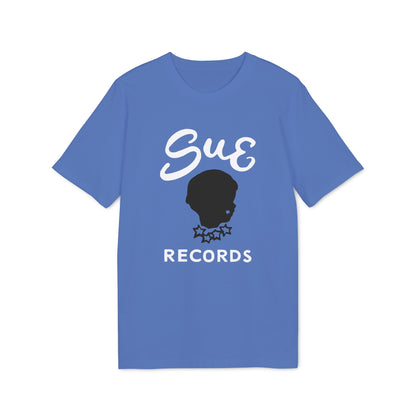 Blue t-shirt with white "Sue Records" text and black silhouette.