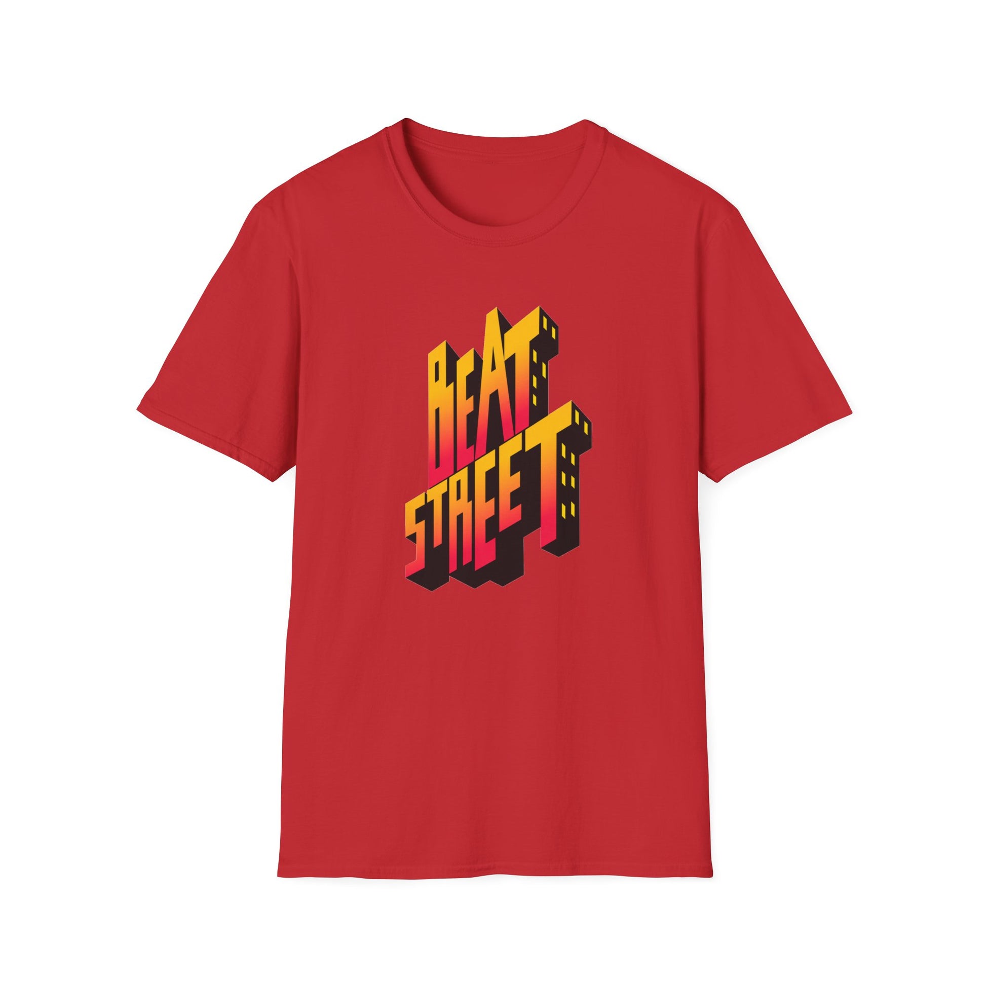Red t-shirt with 3D "BEAT STREET" lettering featuring yellow and pink gradient.