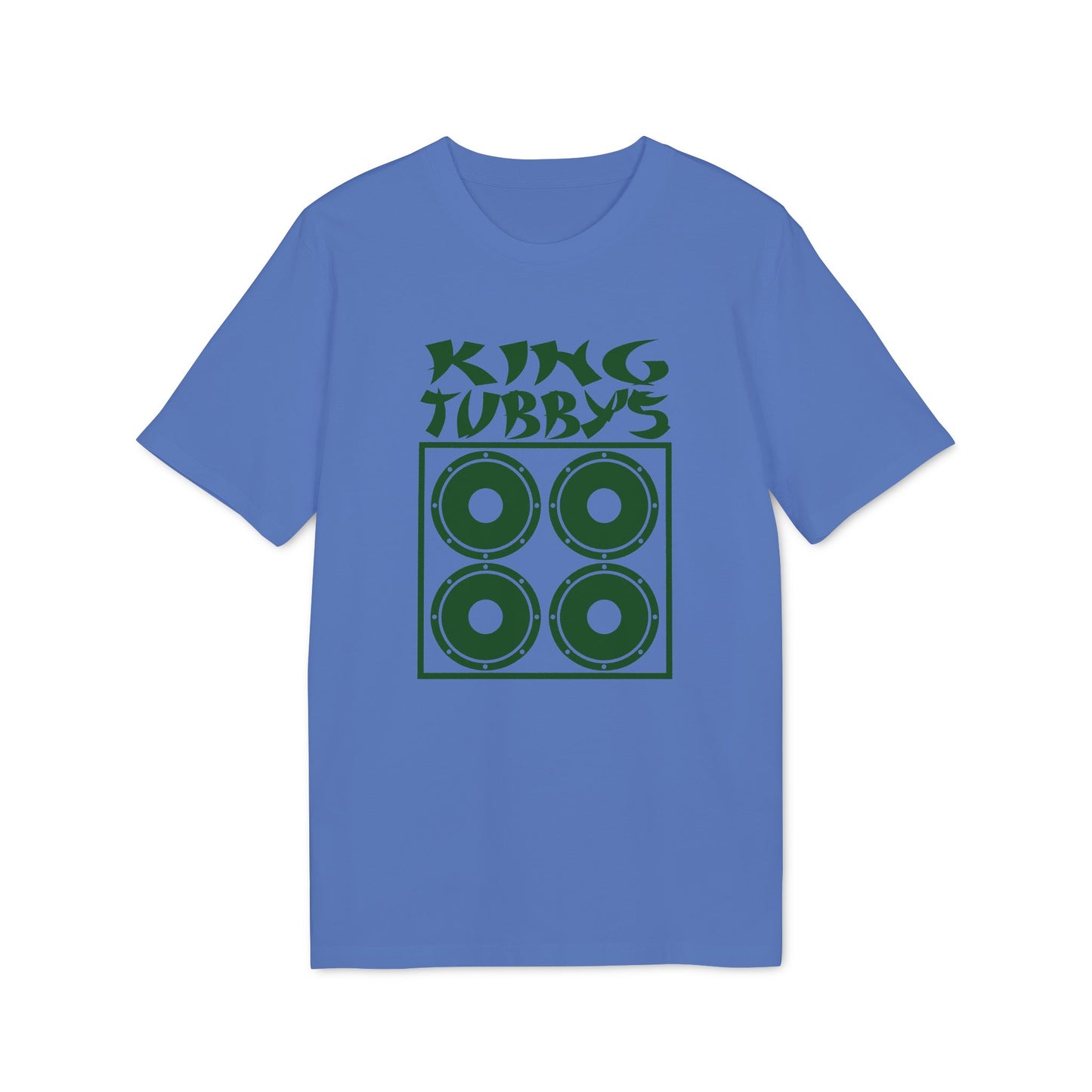 Blue t-shirt with green "KING TUBBYS" text and four circles within a square.