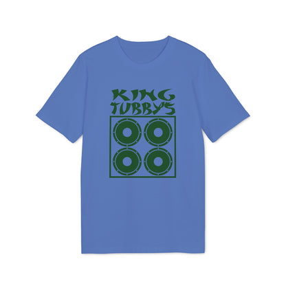 Blue t-shirt with green "KING TUBBYS" text and four circles within a square.