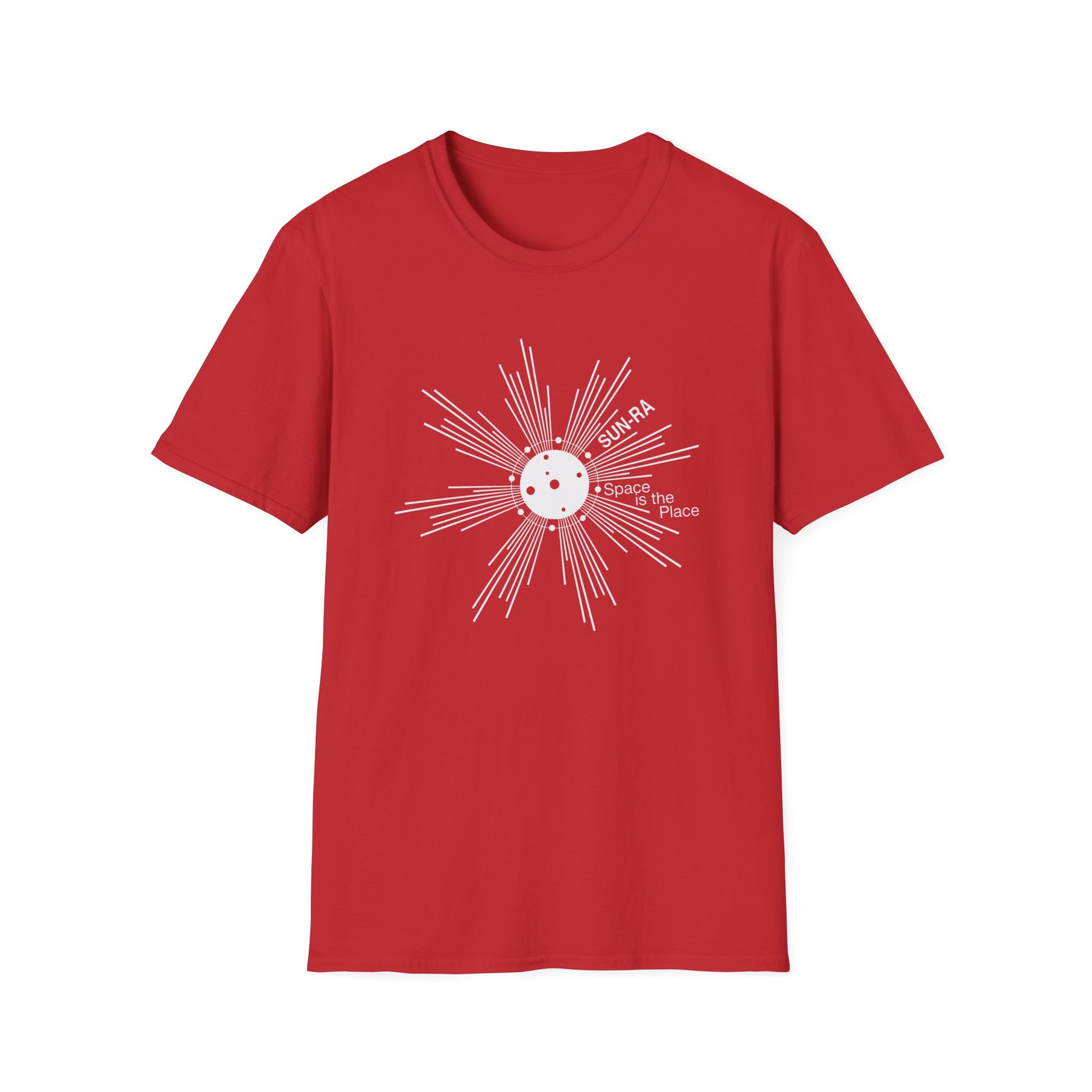 Red t-shirt with white Sun Ra "Space Is The Place" graphic.
