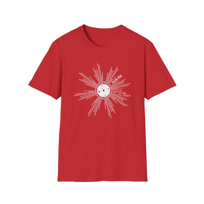 Red t-shirt with white Sun Ra "Space Is The Place" graphic.