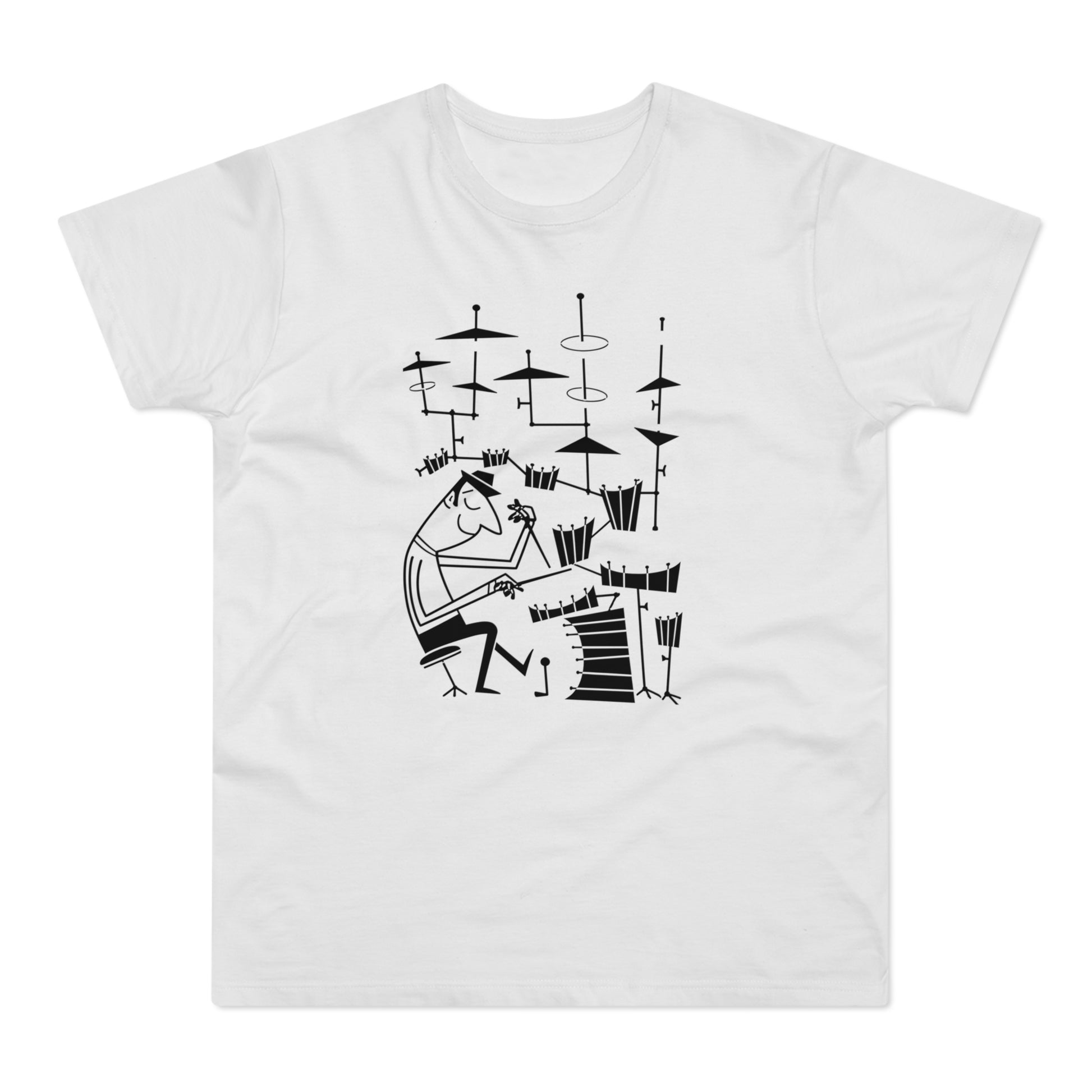 Black line drawing of a drummer playing a drum set on a white t-shirt.