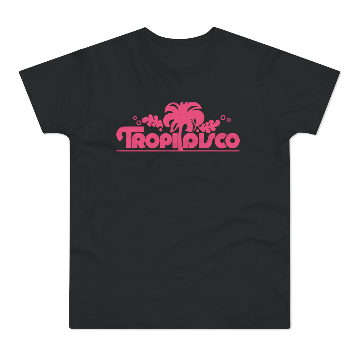 Black t-shirt with pink "Tropi Disco" text and palm tree graphic.