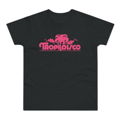 Black t-shirt with pink "Tropi Disco" text and palm tree graphic.
