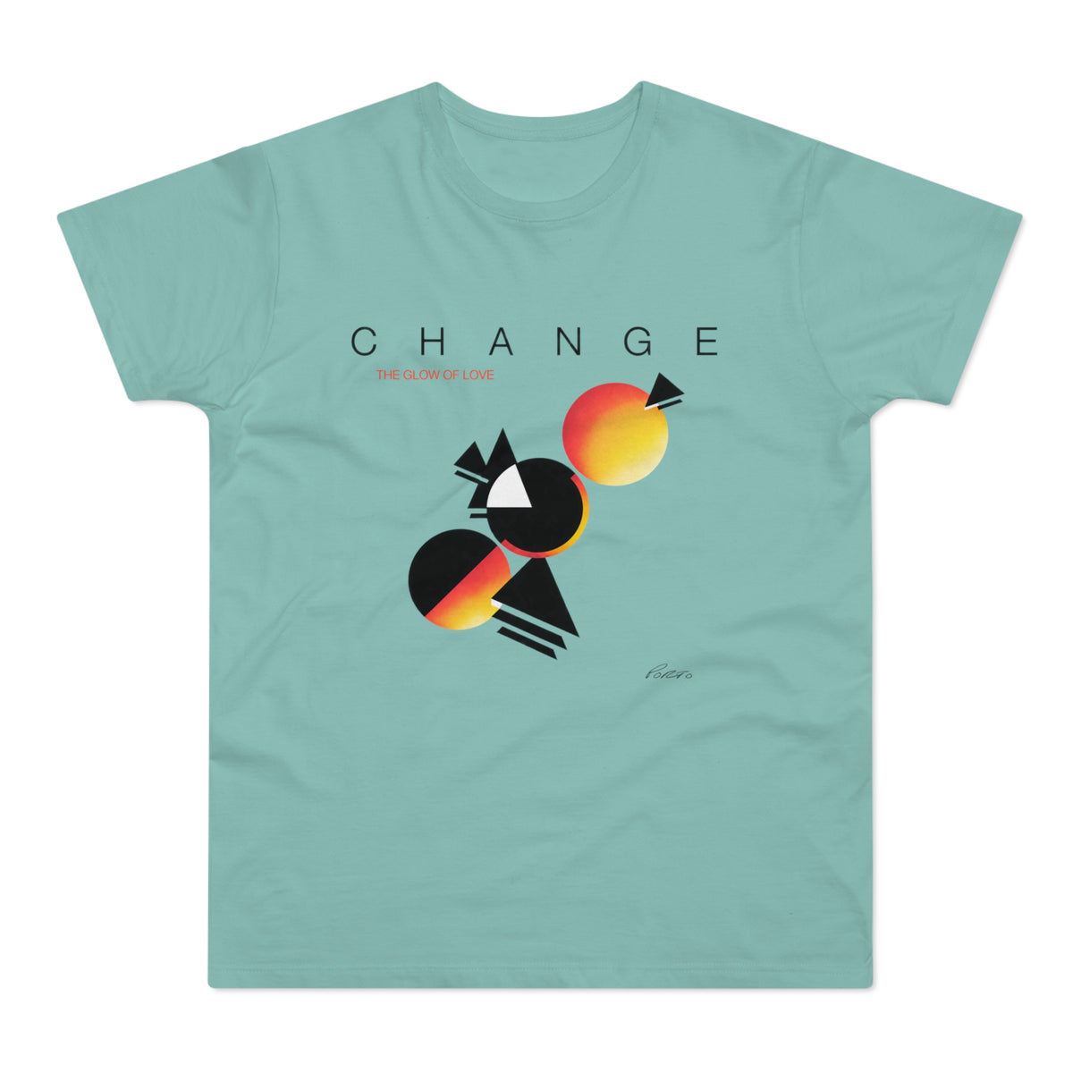 T-shirt with "CHANGE" and "THE GLOW OF LOVE" text, featuring abstract geometric shapes.
