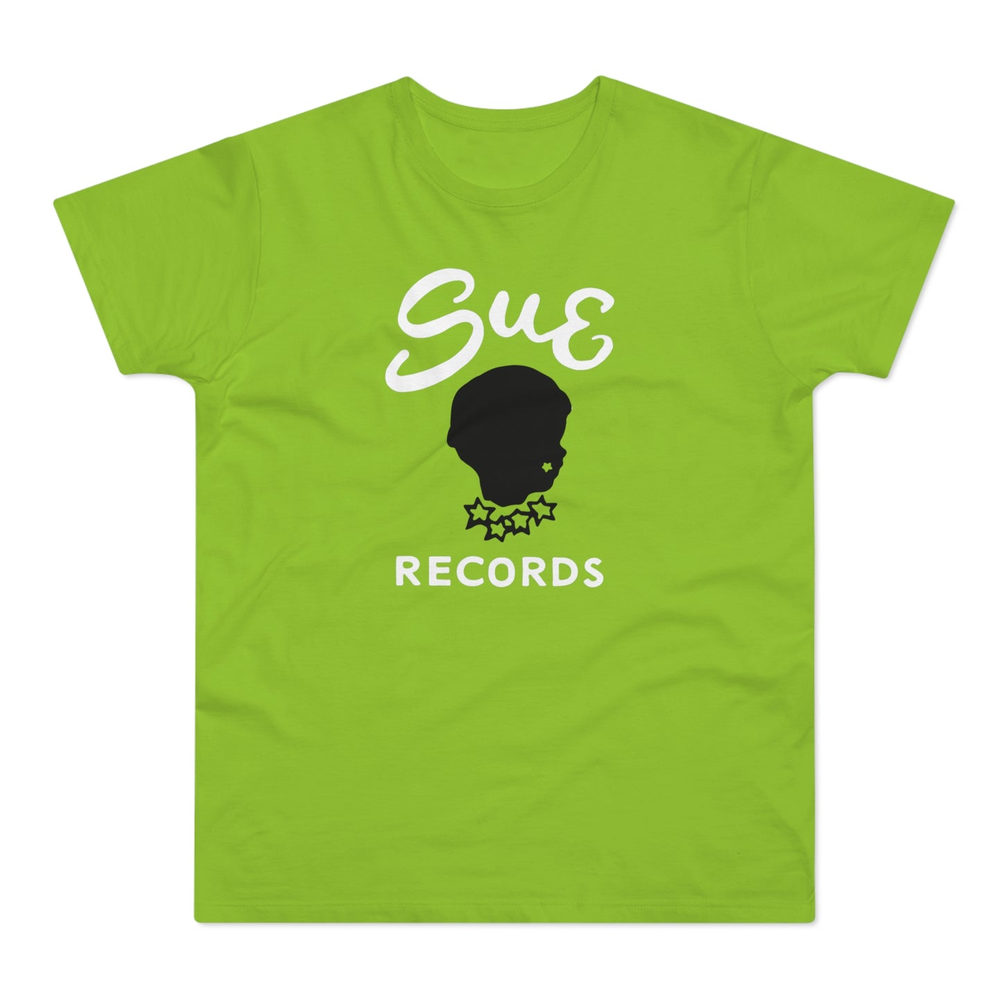 Lime green t-shirt with white "Sue Records" text and black silhouette of a person.