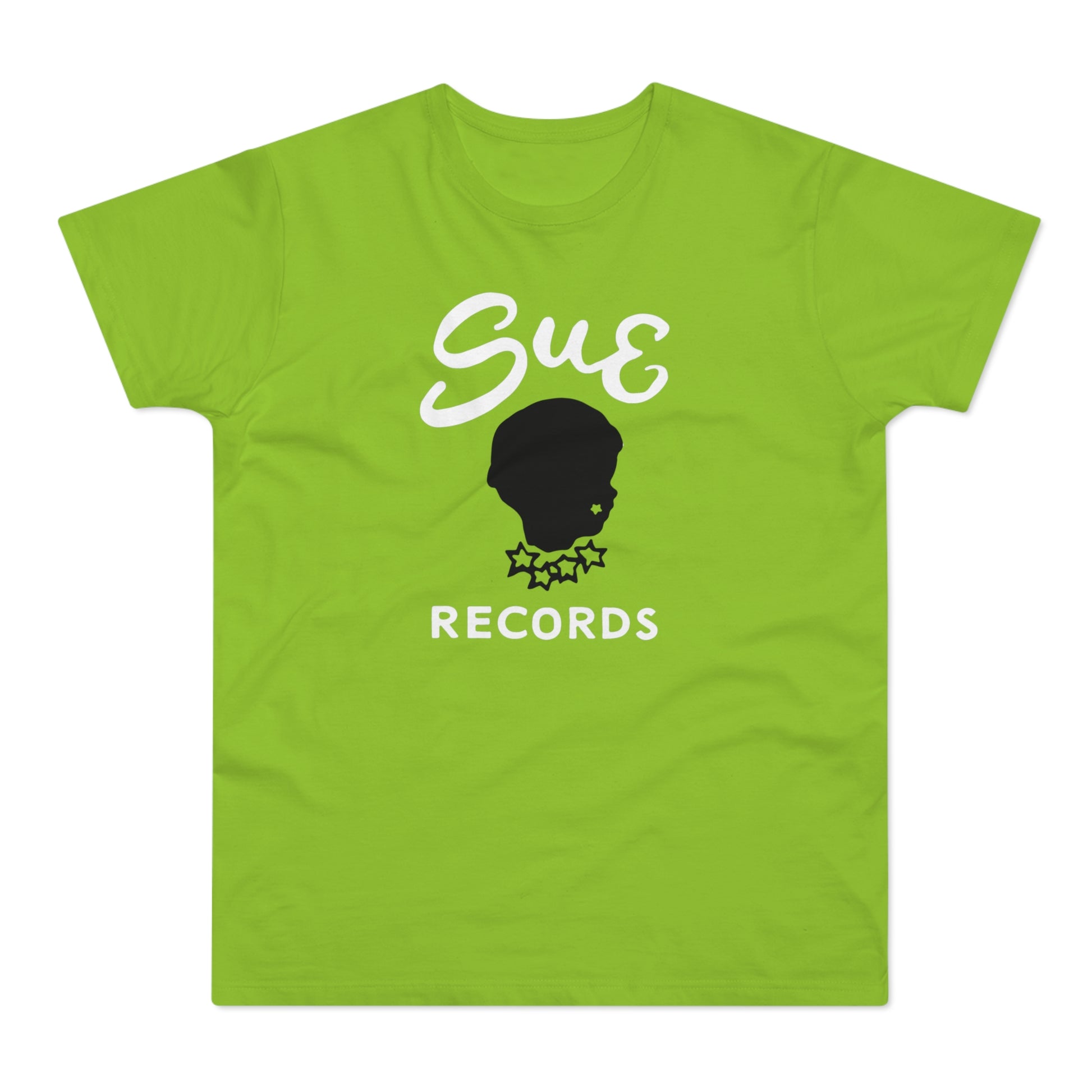 Lime green t-shirt with white "Sue Records" text and black silhouette of a person.