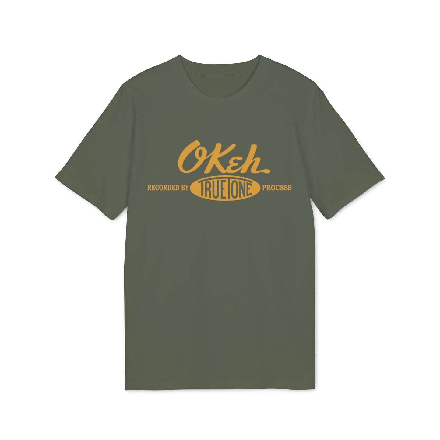 Green t-shirt with yellow "Okeh Recorded by True Tone Process" graphic.