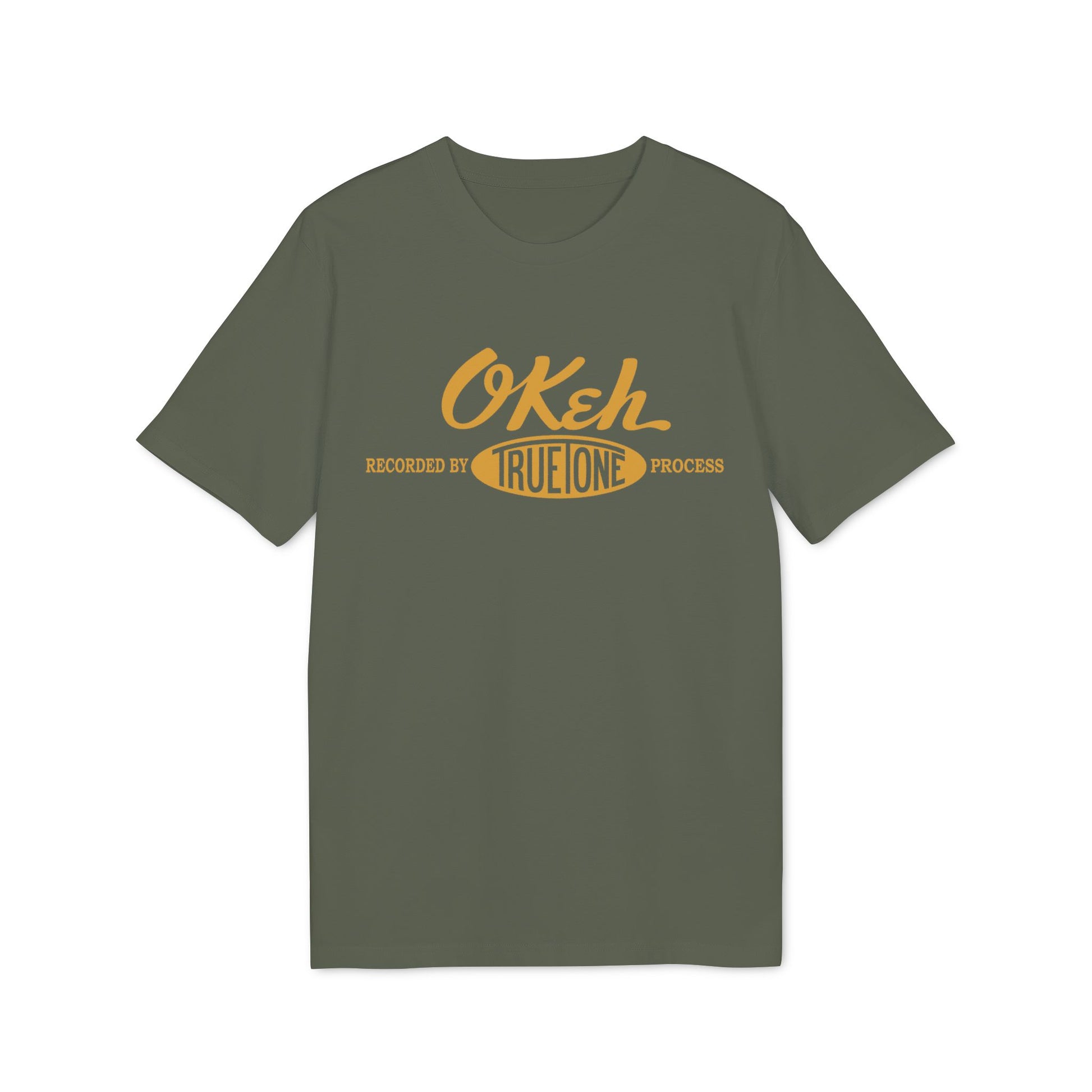Green t-shirt with yellow "Okeh Recorded by True Tone Process" graphic.