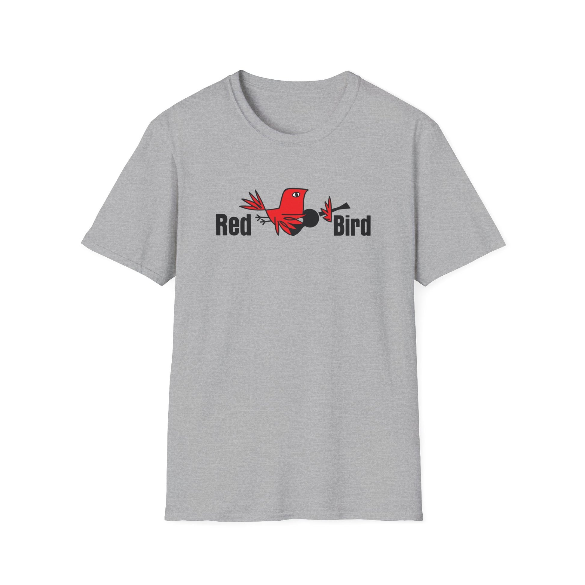 Grey t-shirt with a red bird graphic and the words "Red Bird".