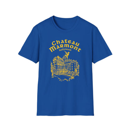 Blue t-shirt with yellow Chateau Marmont Hollywood graphic and building illustration.