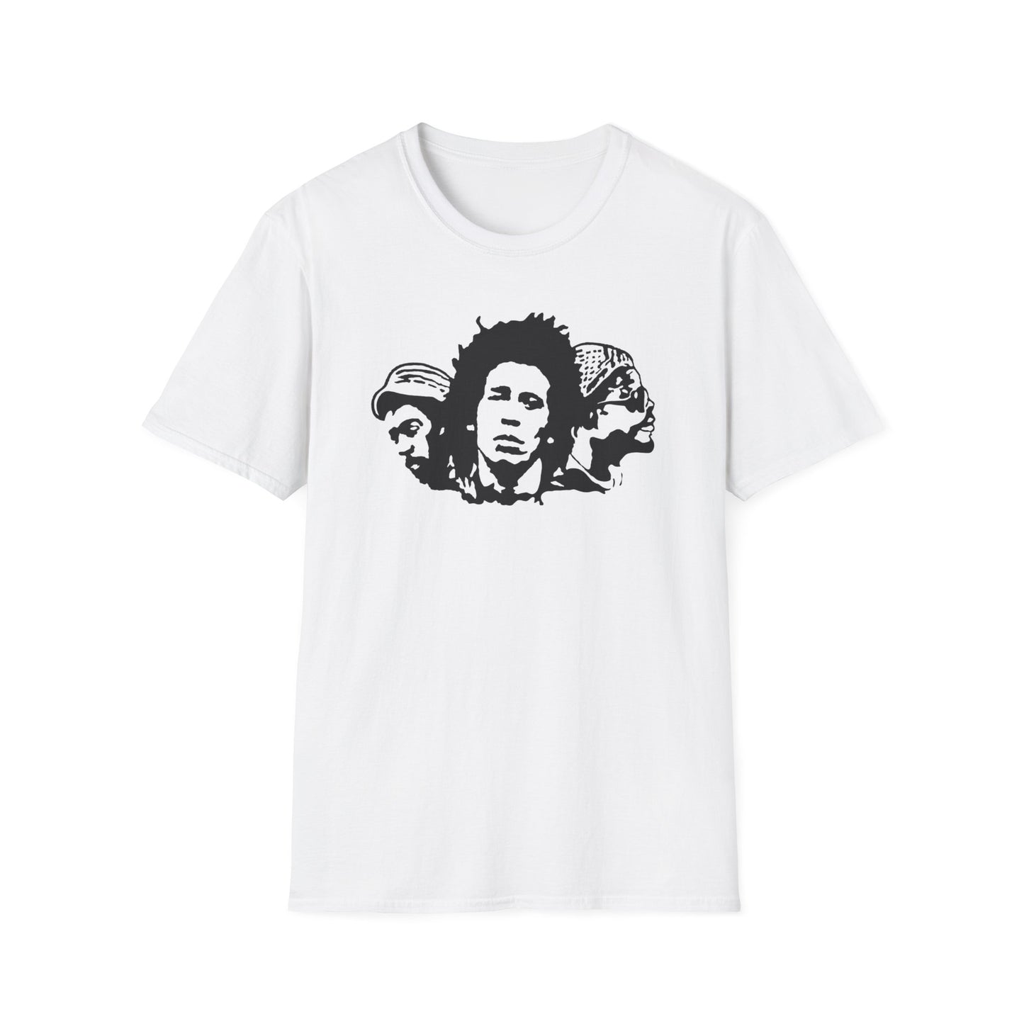 White t-shirt with a black graphic of three men's faces, centered on the chest.