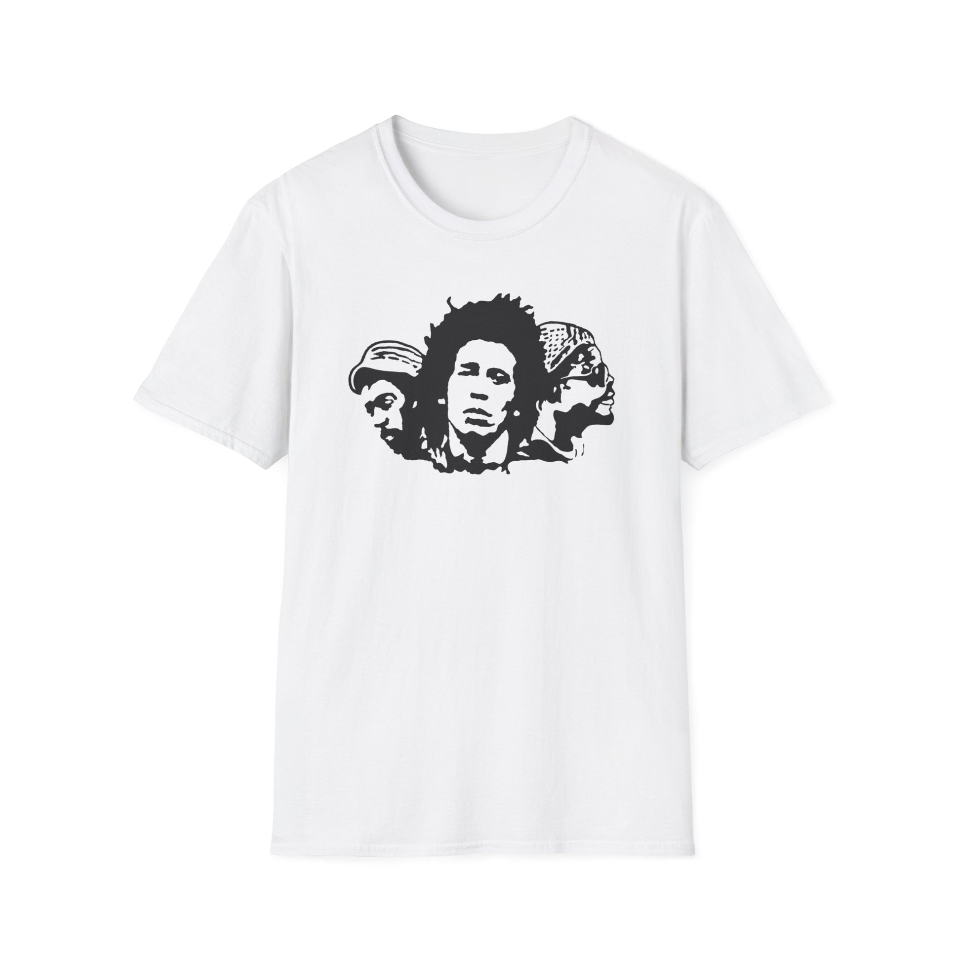 White t-shirt with a black graphic of three men's faces, centered on the chest.