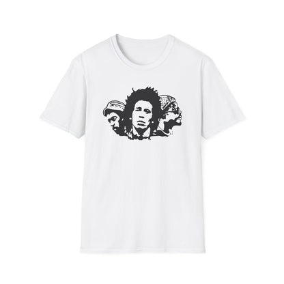 White t-shirt with a black graphic of three men's faces, centered on the chest.