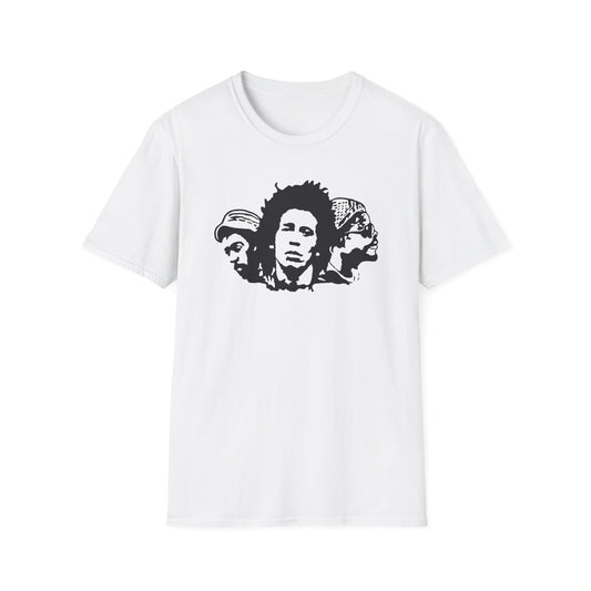 White t-shirt with a black graphic of three men's faces, centered on the chest.