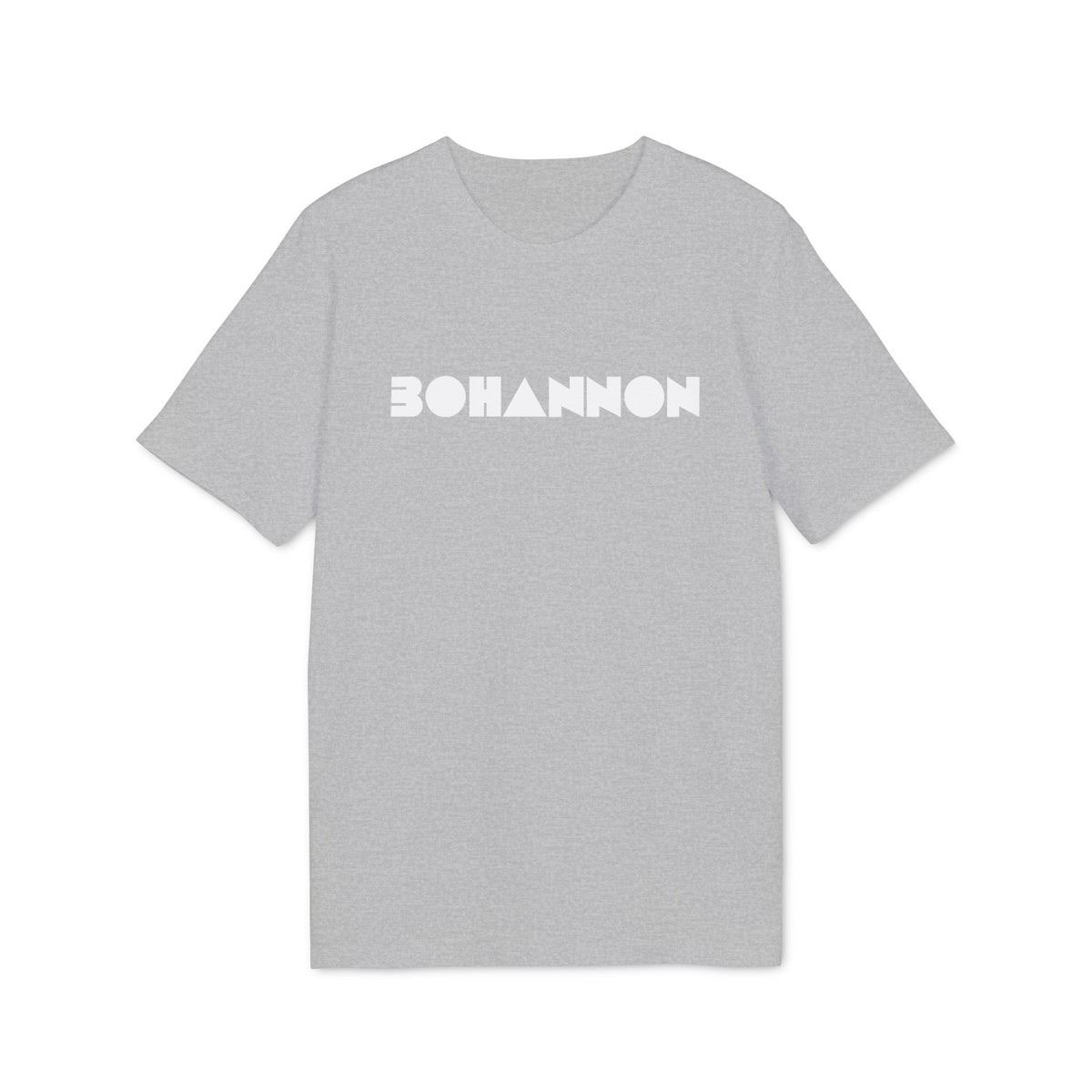 Grey t-shirt with white geometric "BOHANNON" text on the chest.