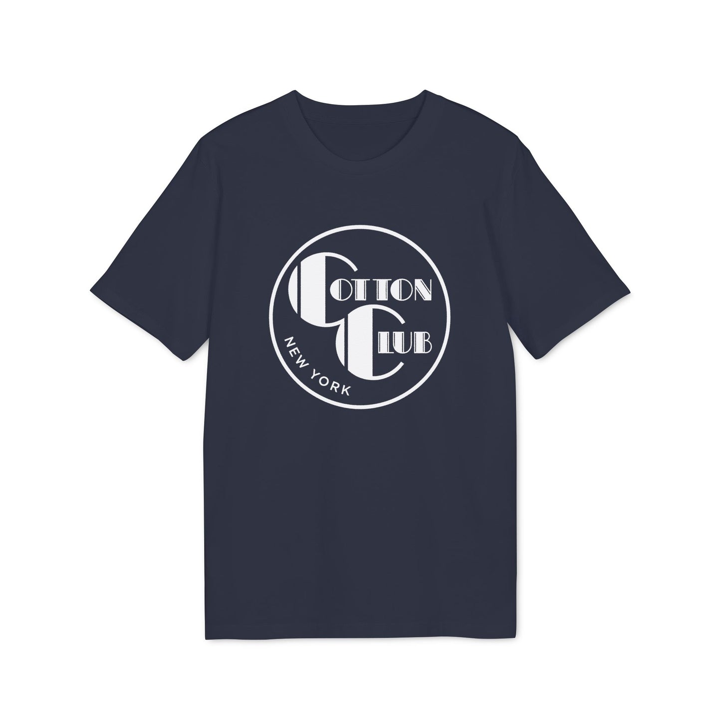 Navy t-shirt with white "Cotton Club New York" circular logo on the chest.